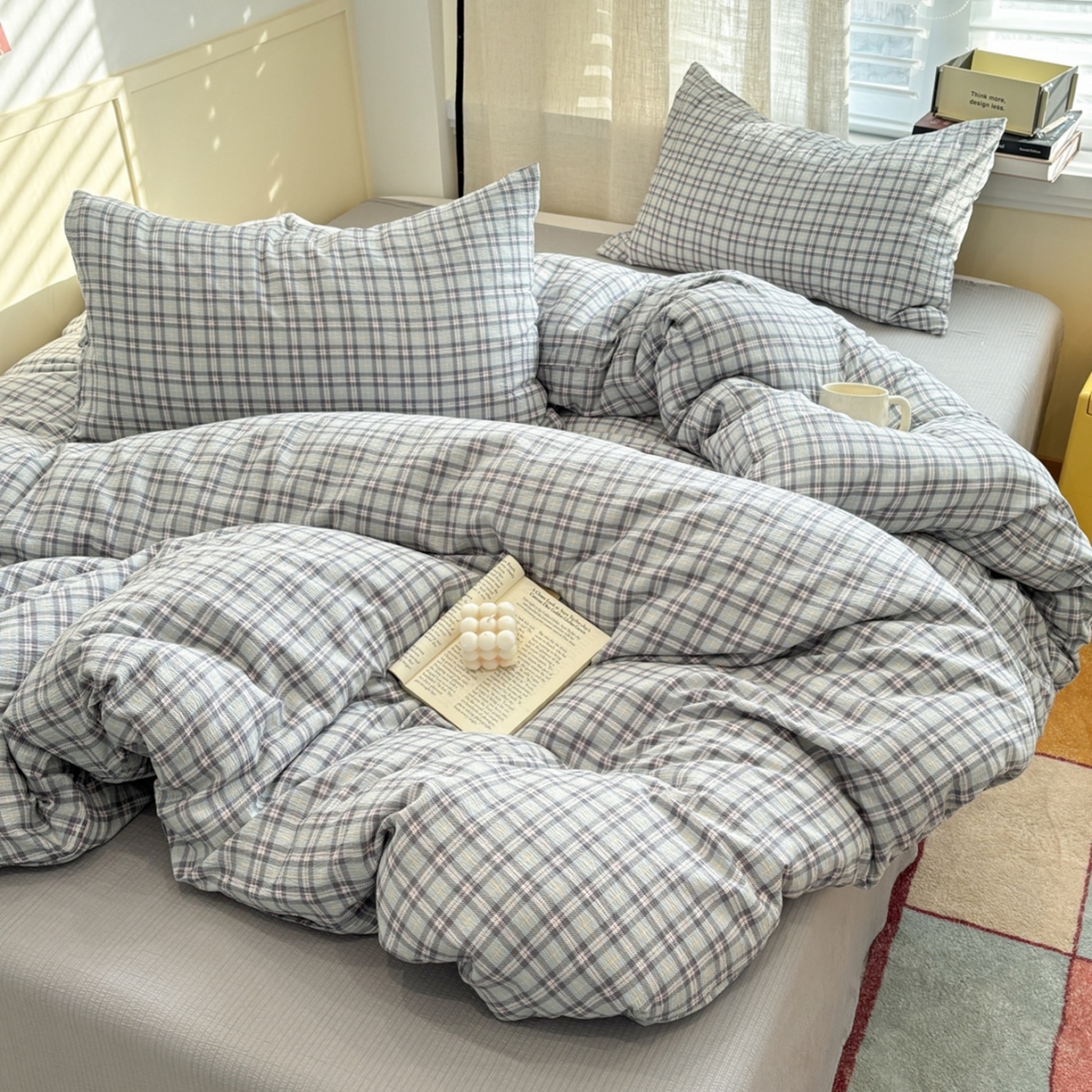 91家纺网 家纺一手货源 找家纺 N先生+V 13814689556 发大图/买家秀 2026新款无印风泡芙双层纱四件套 知禾-蓝