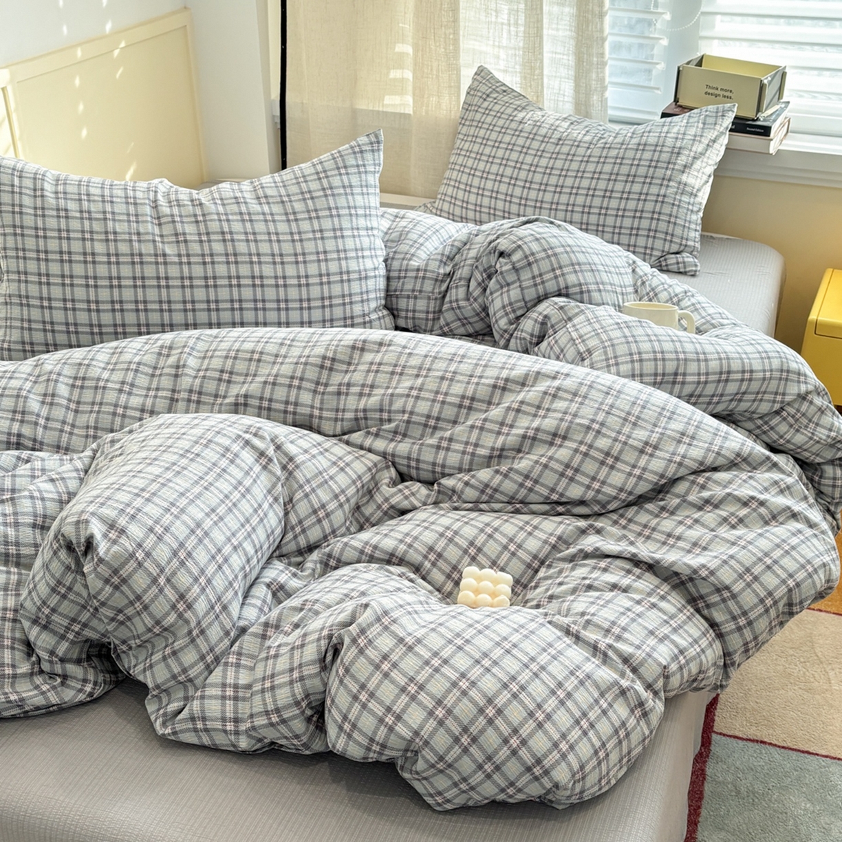 91家纺网 家纺一手货源 找家纺 N先生+V 13814689556 发大图/买家秀 2026新款无印风泡芙双层纱四件套 知禾-蓝