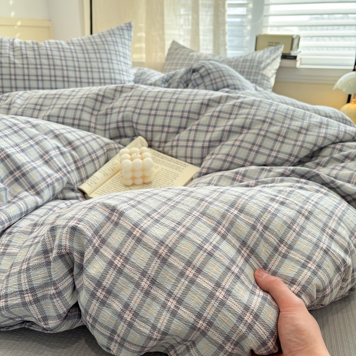 91家纺网 家纺一手货源 找家纺 N先生+V 13814689556 发大图/买家秀 2026新款无印风泡芙双层纱四件套 知禾-蓝