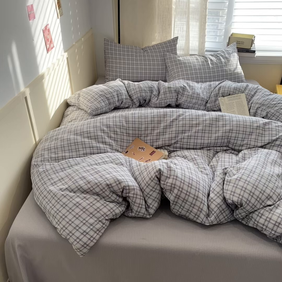 91家纺网 家纺一手货源 找家纺 N先生+V 13814689556 发大图/买家秀 2026新款无印风泡芙双层纱四件套 知禾-蓝