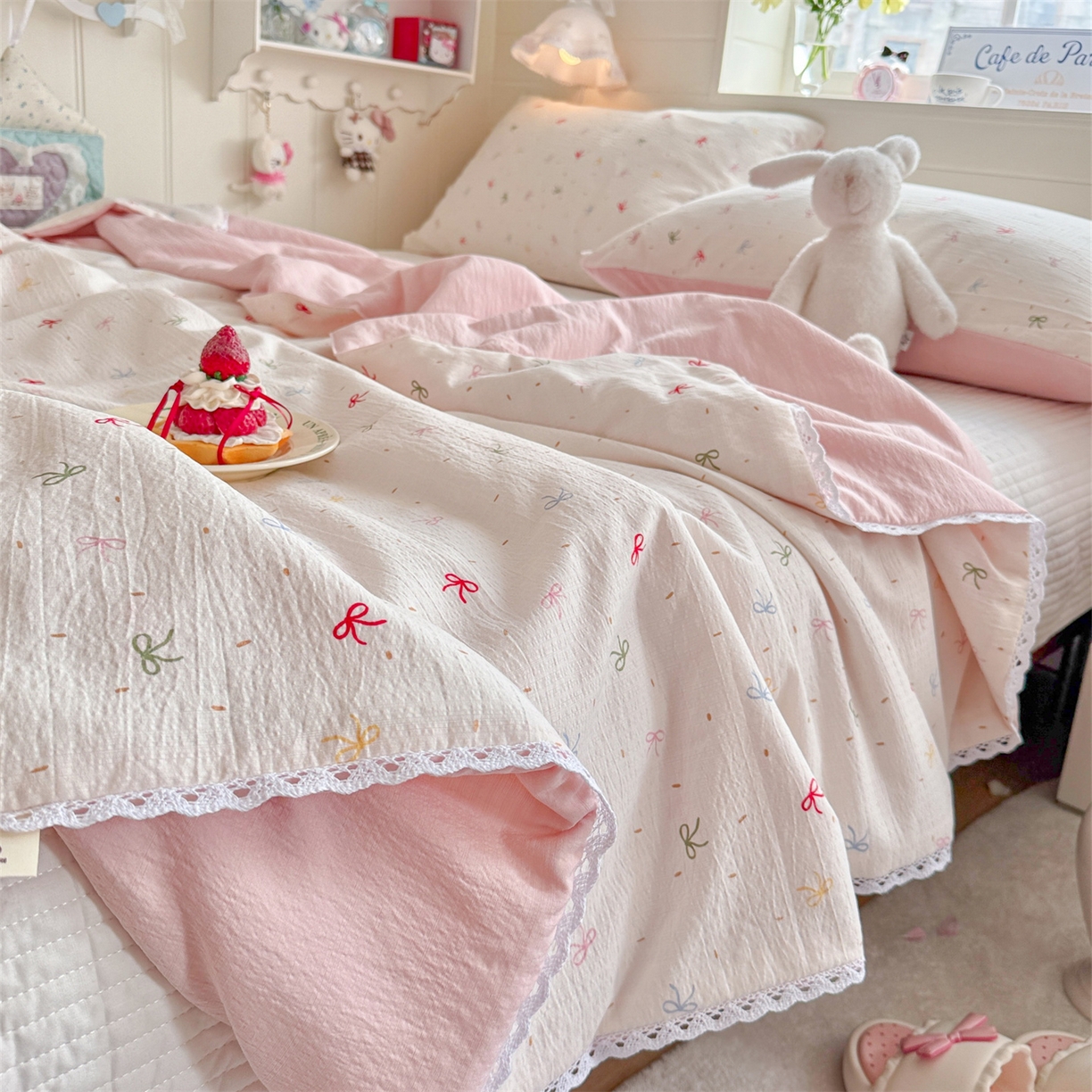 91家纺网 家纺一手货源 找家纺 名兮家居 2026新款亲肤A类皱皱纱夏被夏凉被空调被 彩色蝴蝶结