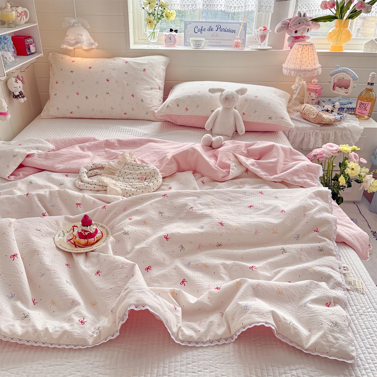 91家纺网 家纺一手货源 找家纺 名兮家居 2026新款亲肤A类皱皱纱夏被夏凉被空调被 彩色蝴蝶结