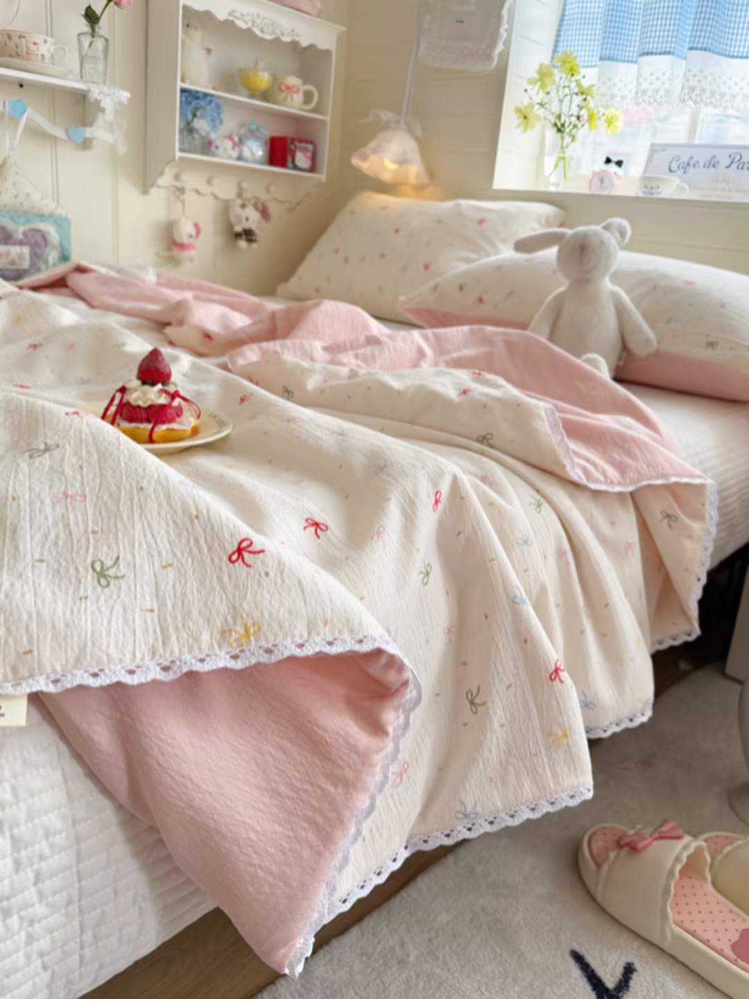 91家纺网 家纺一手货源 找家纺 名兮家居 2026新款亲肤A类皱皱纱夏被夏凉被空调被 彩色蝴蝶结