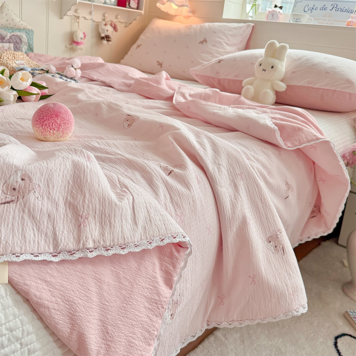 91家纺网 家纺一手货源 找家纺 名兮家居 2026新款亲肤A类皱皱纱夏被夏凉被空调被 粉色小兔