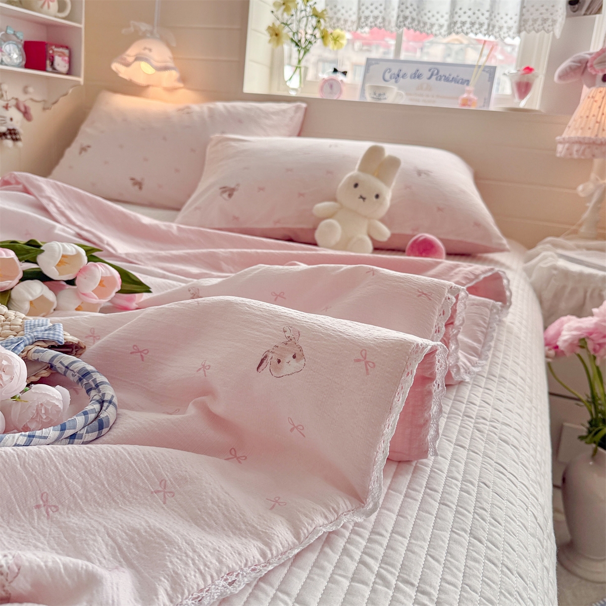 91家纺网 家纺一手货源 找家纺 名兮家居 2026新款亲肤A类皱皱纱夏被夏凉被空调被 粉色小兔