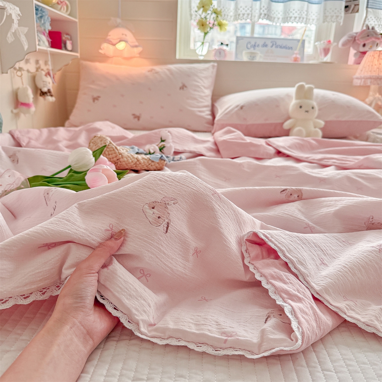 91家纺网 家纺一手货源 找家纺 名兮家居 2026新款亲肤A类皱皱纱夏被夏凉被空调被 粉色小兔