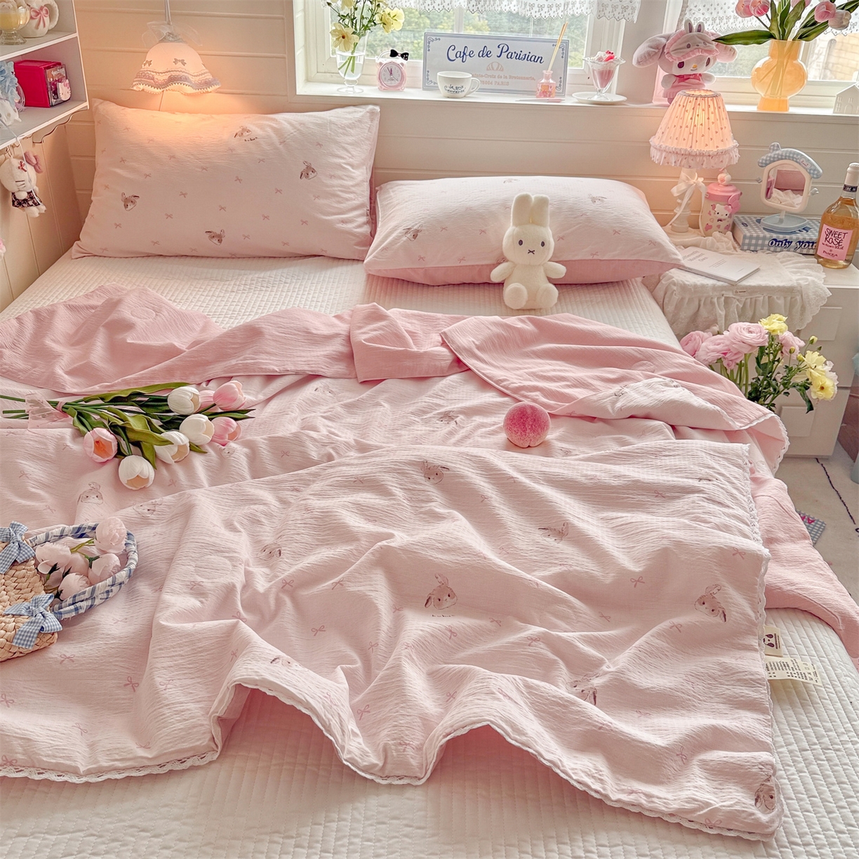 91家纺网 家纺一手货源 找家纺 名兮家居 2026新款亲肤A类皱皱纱夏被夏凉被空调被 粉色小兔