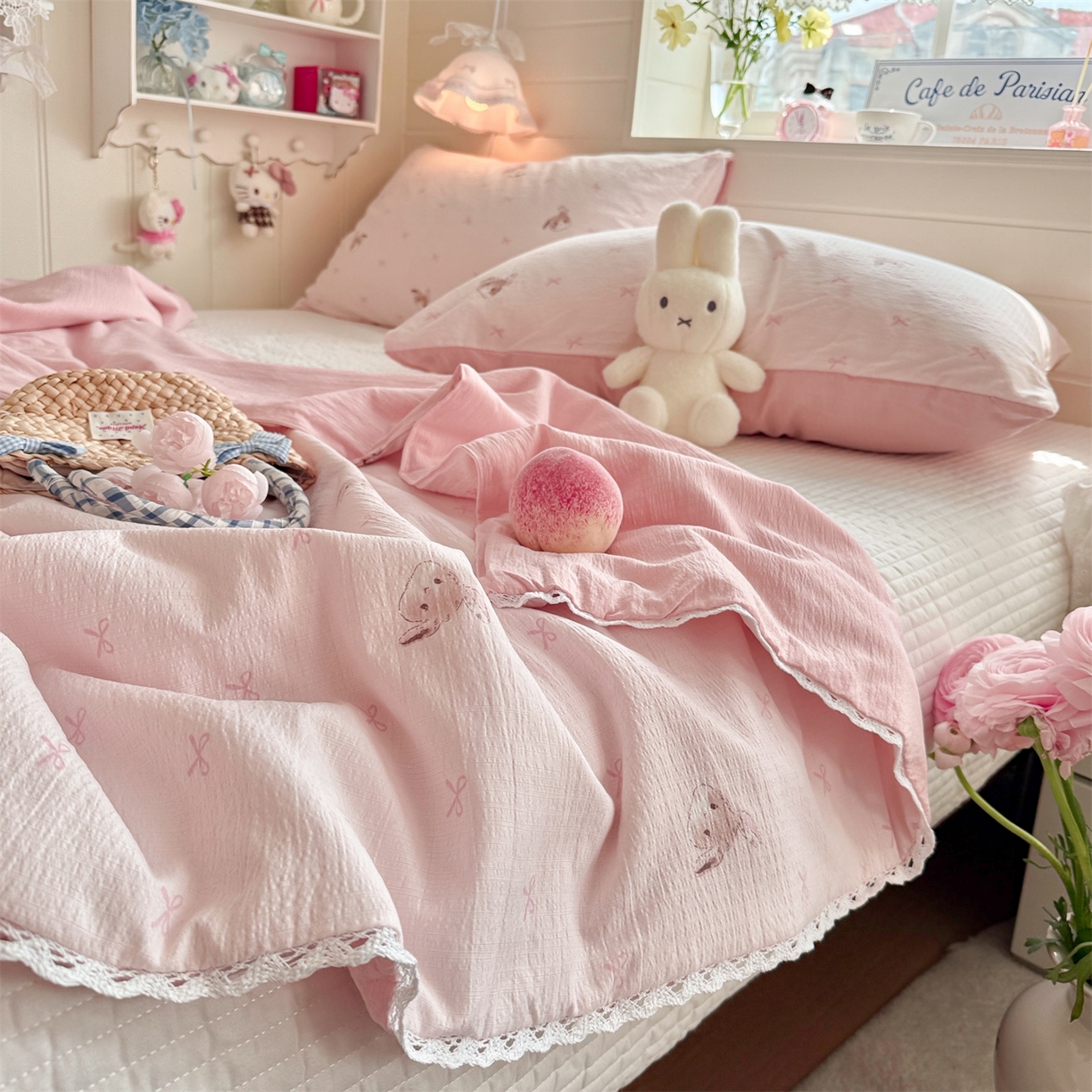 91家纺网 家纺一手货源 找家纺 名兮家居 2026新款亲肤A类皱皱纱夏被夏凉被空调被 粉色小兔