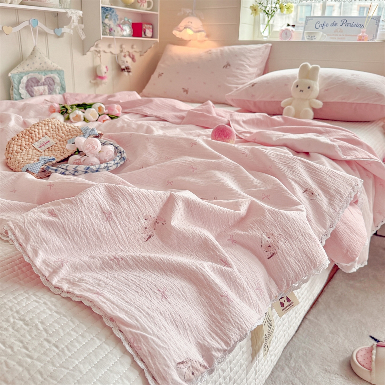 91家纺网 家纺一手货源 找家纺 名兮家居 2026新款亲肤A类皱皱纱夏被夏凉被空调被 粉色小兔