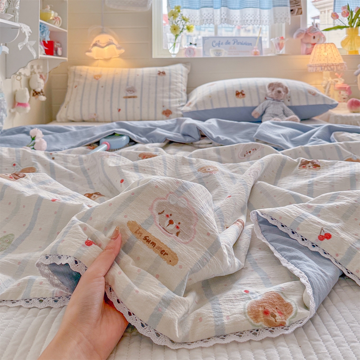 91家纺网 家纺一手货源 找家纺 名兮家居 2026新款亲肤A类皱皱纱夏被夏凉被空调被 蓝条日记