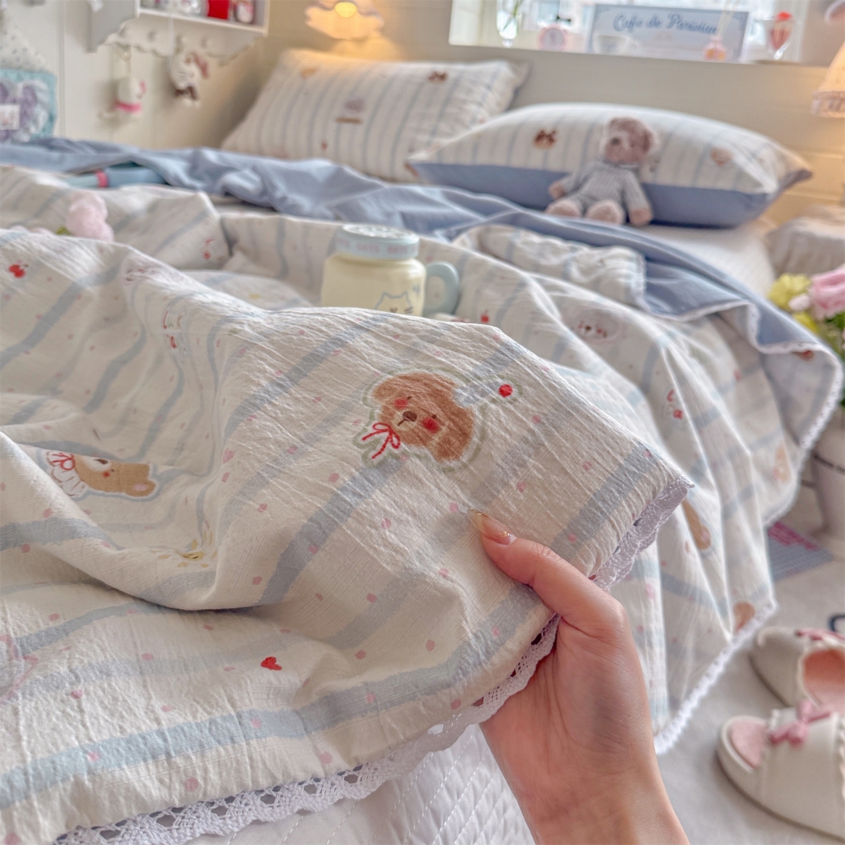 91家纺网 家纺一手货源 找家纺 名兮家居 2026新款亲肤A类皱皱纱夏被夏凉被空调被 蓝条日记