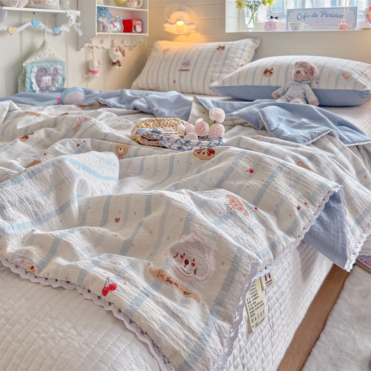 91家纺网 家纺一手货源 找家纺 名兮家居 2026新款亲肤A类皱皱纱夏被夏凉被空调被 蓝条日记