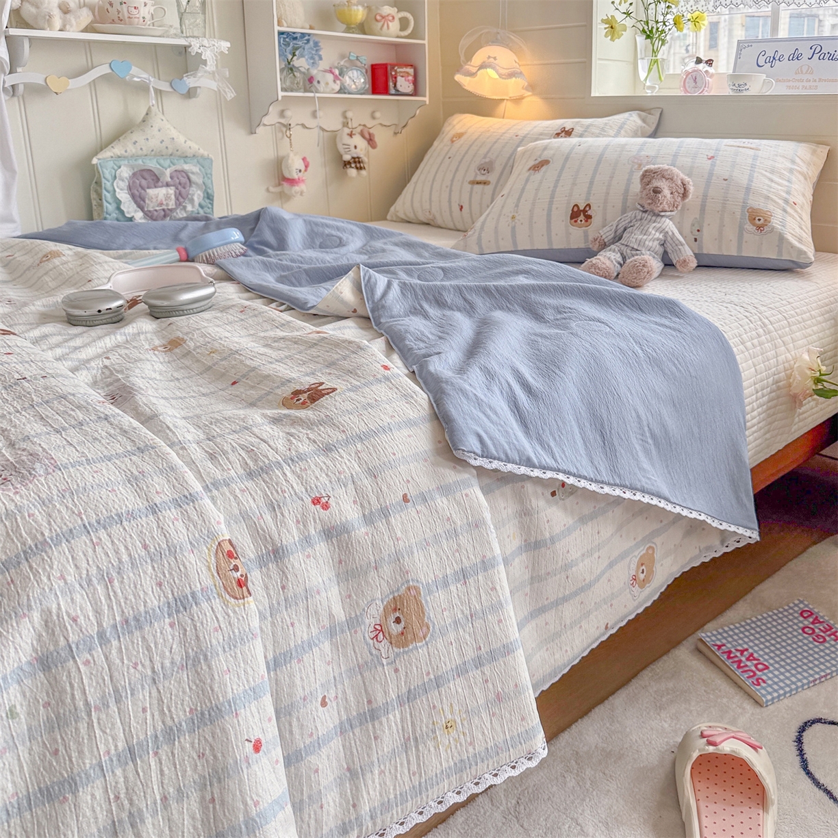 91家纺网 家纺一手货源 找家纺 名兮家居 2026新款亲肤A类皱皱纱夏被夏凉被空调被 蓝条日记