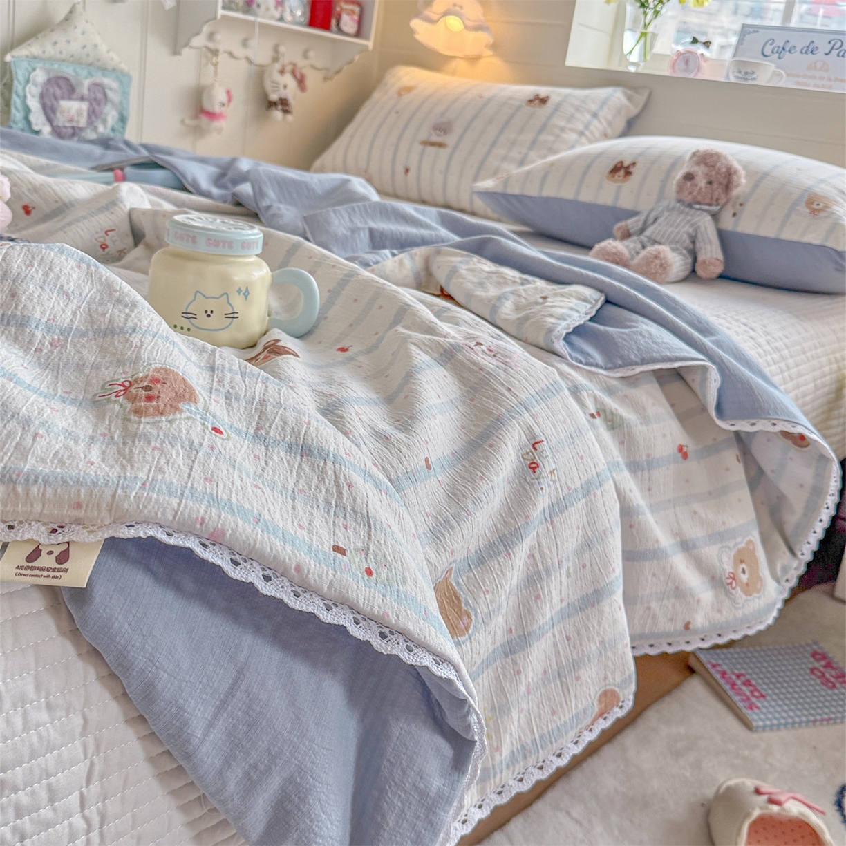 91家纺网 家纺一手货源 找家纺 名兮家居 2026新款亲肤A类皱皱纱夏被夏凉被空调被 蓝条日记