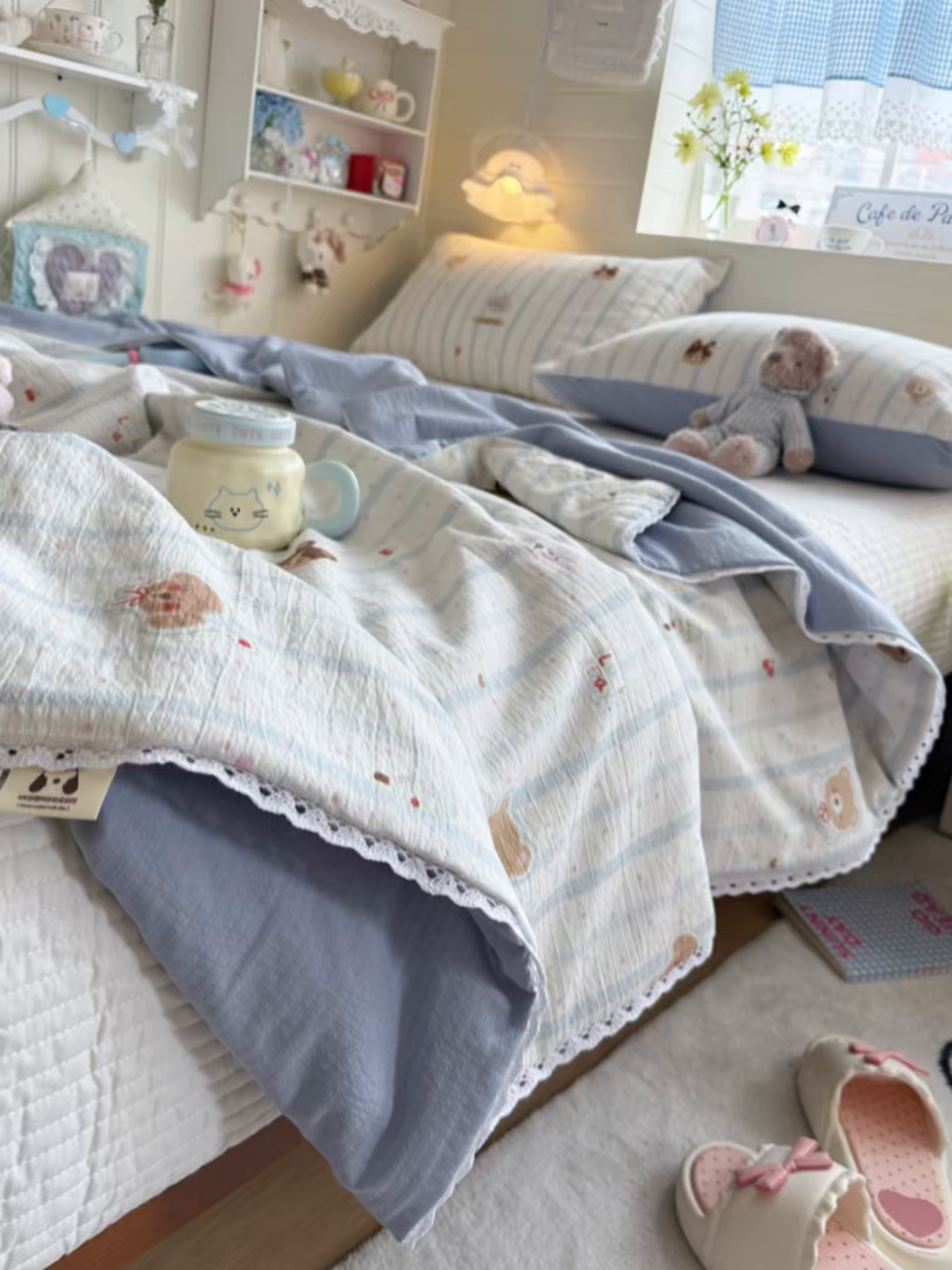 91家纺网 家纺一手货源 找家纺 名兮家居 2026新款亲肤A类皱皱纱夏被夏凉被空调被 蓝条日记