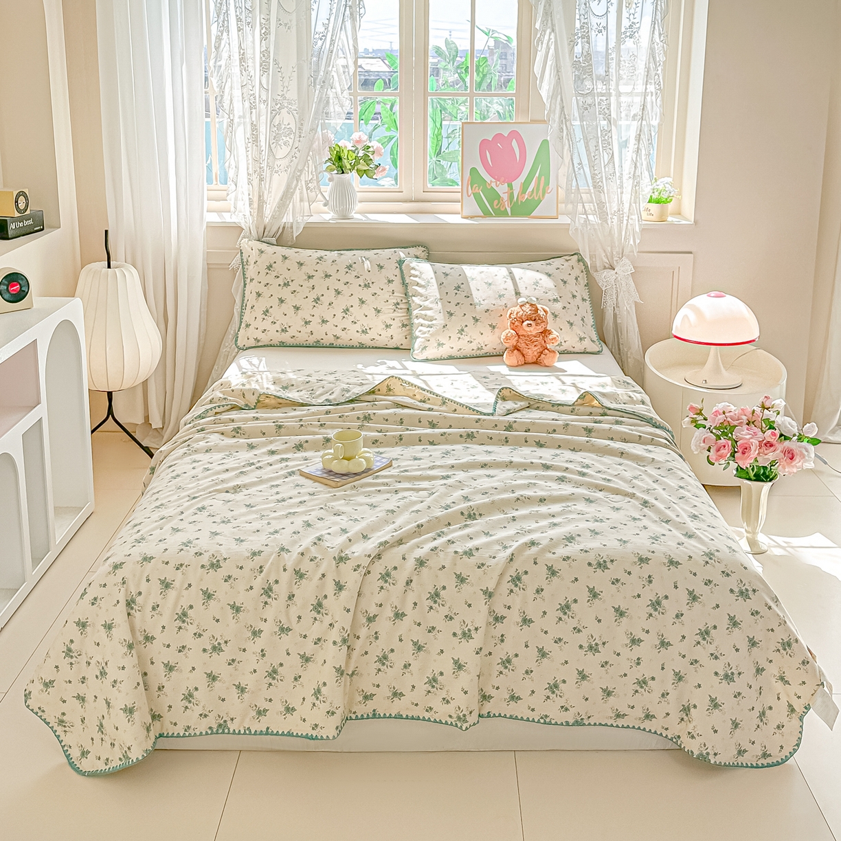 91家纺网 家纺一手货源 找家纺 圣尔雅家纺 2026新款印花夏被小碎花贝壳绣皱皱棉夏凉被空调被 茶墨