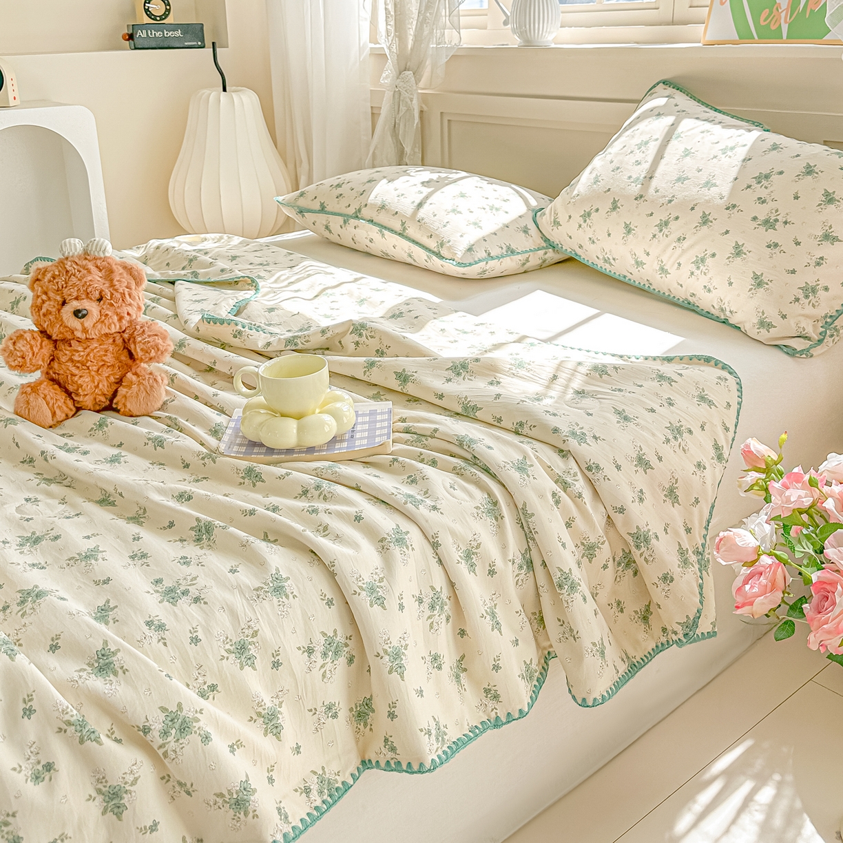 91家纺网 家纺一手货源 找家纺 圣尔雅家纺 2026新款印花夏被小碎花贝壳绣皱皱棉夏凉被空调被 茶墨