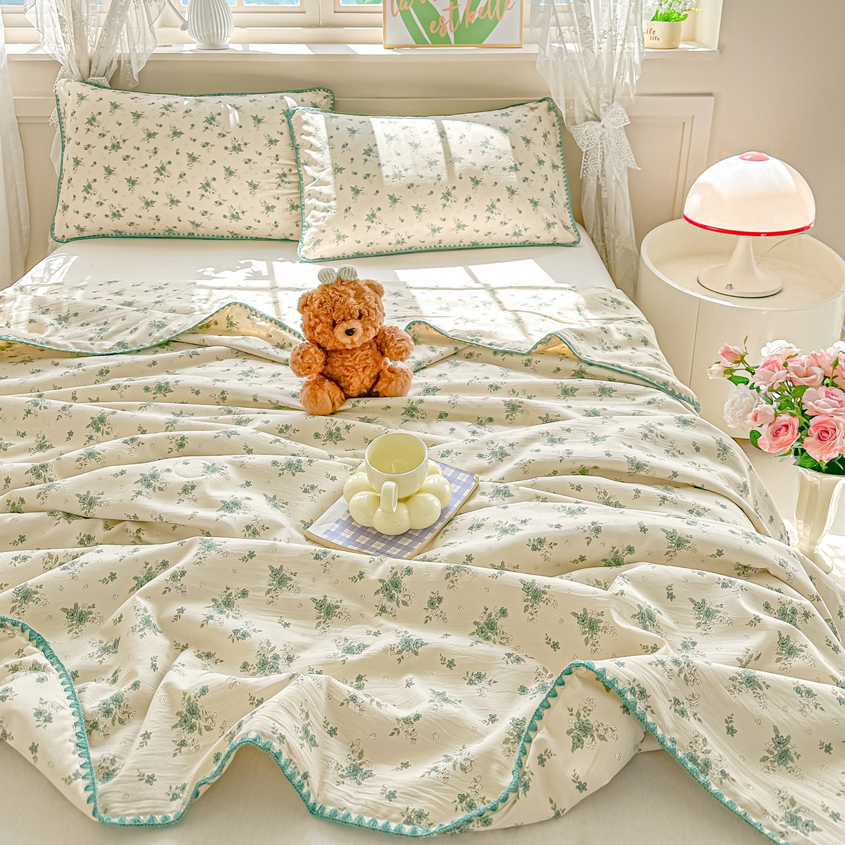 91家纺网 家纺一手货源 找家纺 圣尔雅家纺 2026新款印花夏被小碎花贝壳绣皱皱棉夏凉被空调被 茶墨