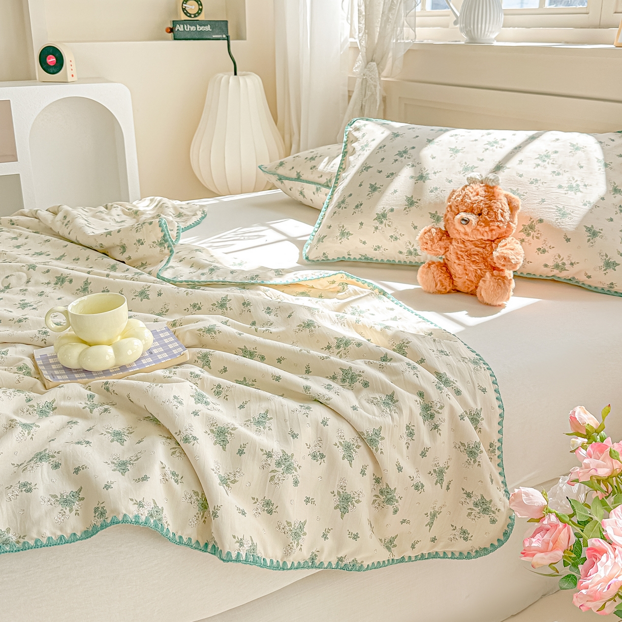 91家纺网 家纺一手货源 找家纺 圣尔雅家纺 2026新款印花夏被小碎花贝壳绣皱皱棉夏凉被空调被 茶墨