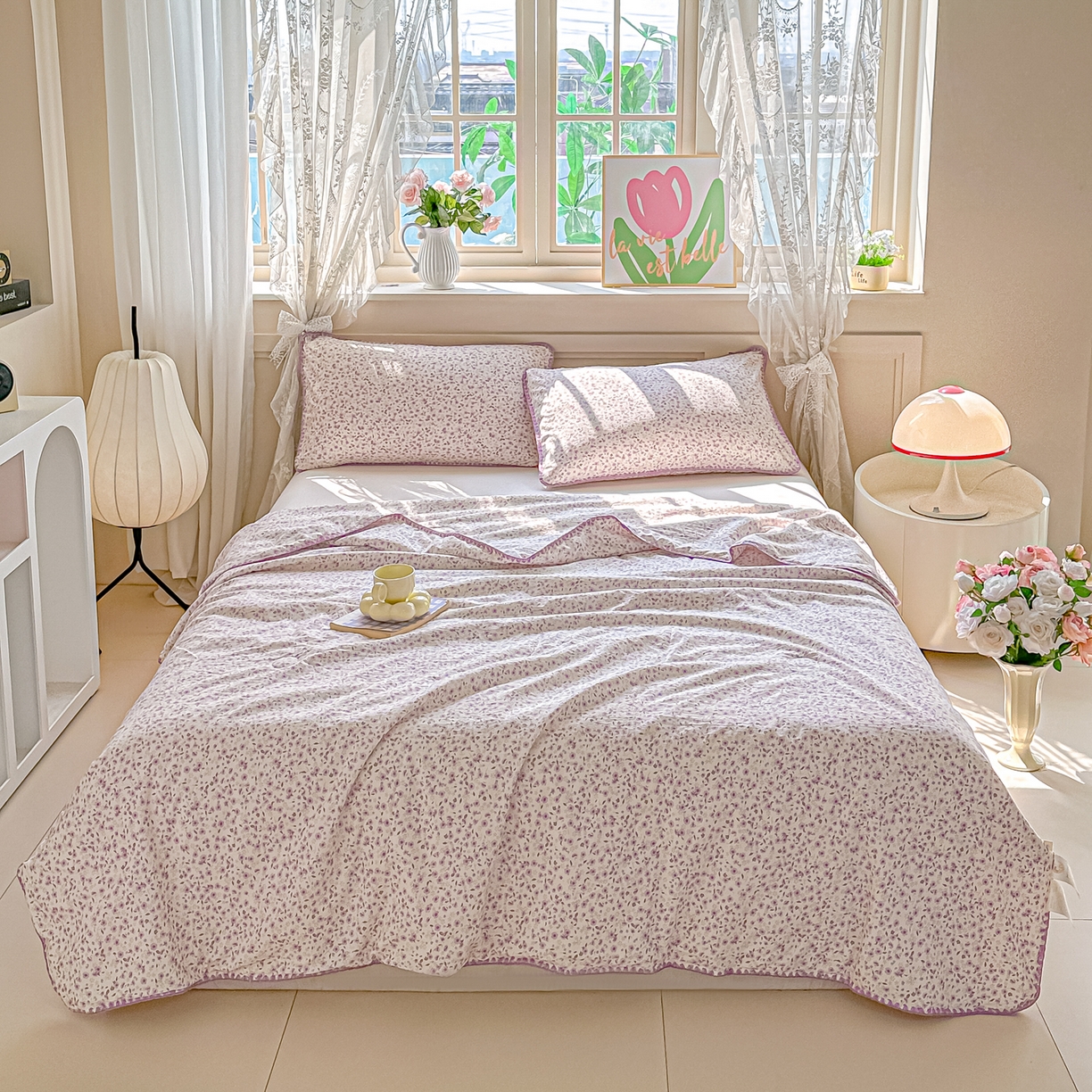 91家纺网 家纺一手货源 找家纺 圣尔雅家纺 2026新款印花夏被小碎花贝壳绣皱皱棉夏凉被空调被 荔椿紫