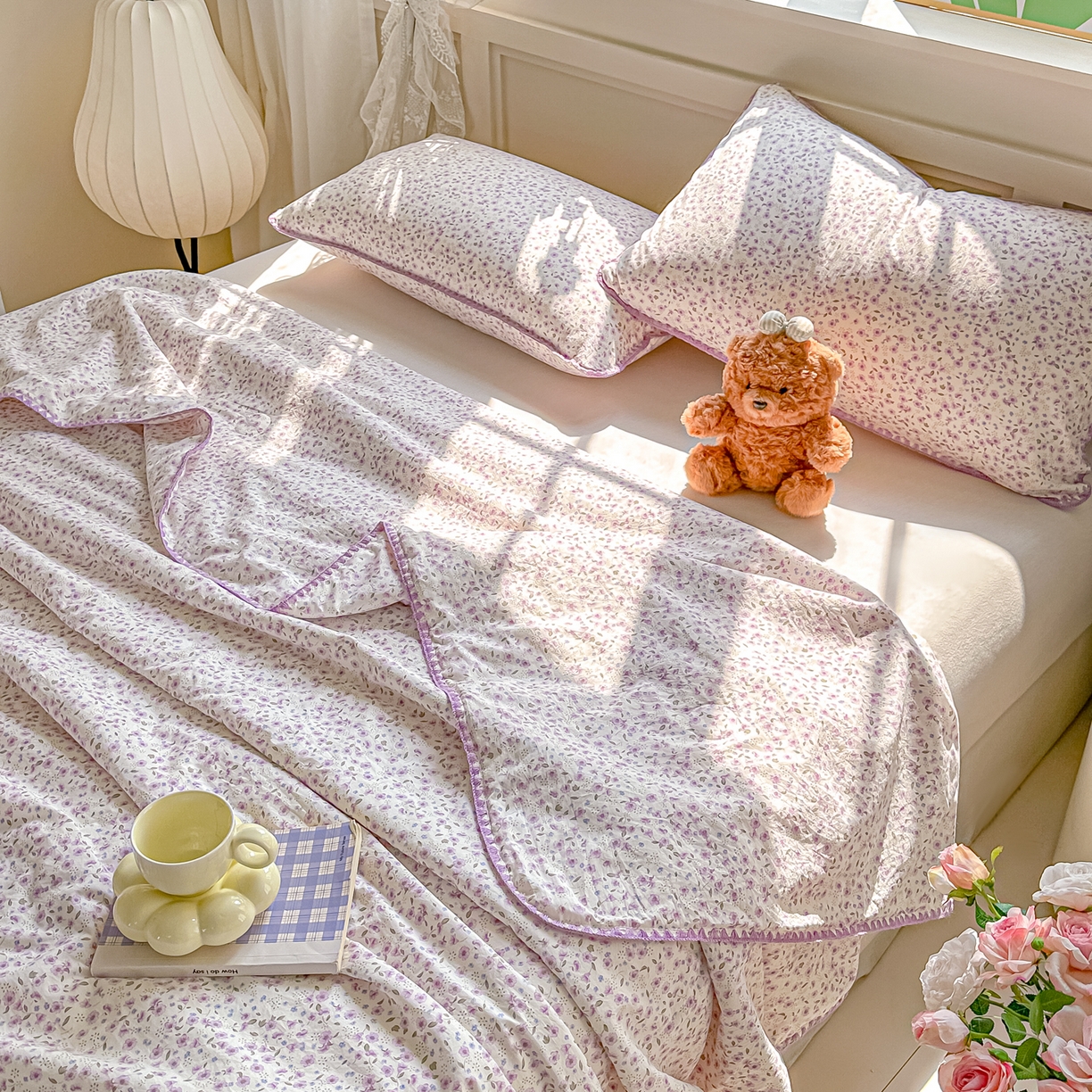 91家纺网 家纺一手货源 找家纺 圣尔雅家纺 2026新款印花夏被小碎花贝壳绣皱皱棉夏凉被空调被 荔椿紫