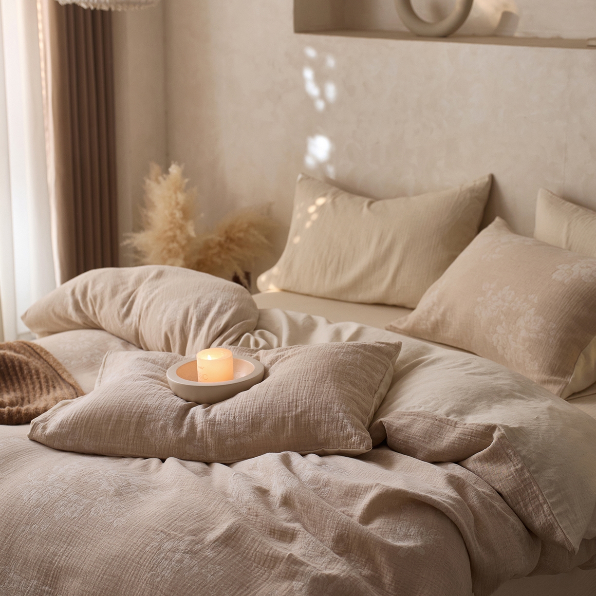 91家纺网 家纺一手货源 找家纺 （总）爱丽丝 2026新款色织提花棉麻双层纱四件套-缠枝