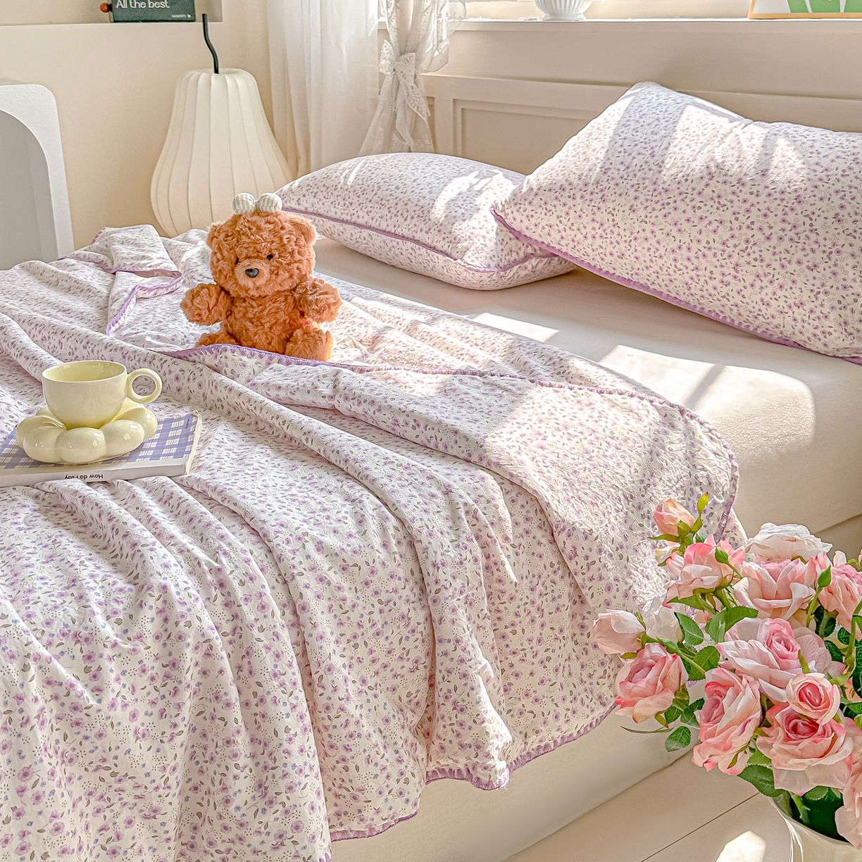 91家纺网 家纺一手货源 找家纺 圣尔雅家纺 2026新款印花夏被小碎花贝壳绣皱皱棉夏凉被空调被 荔椿紫