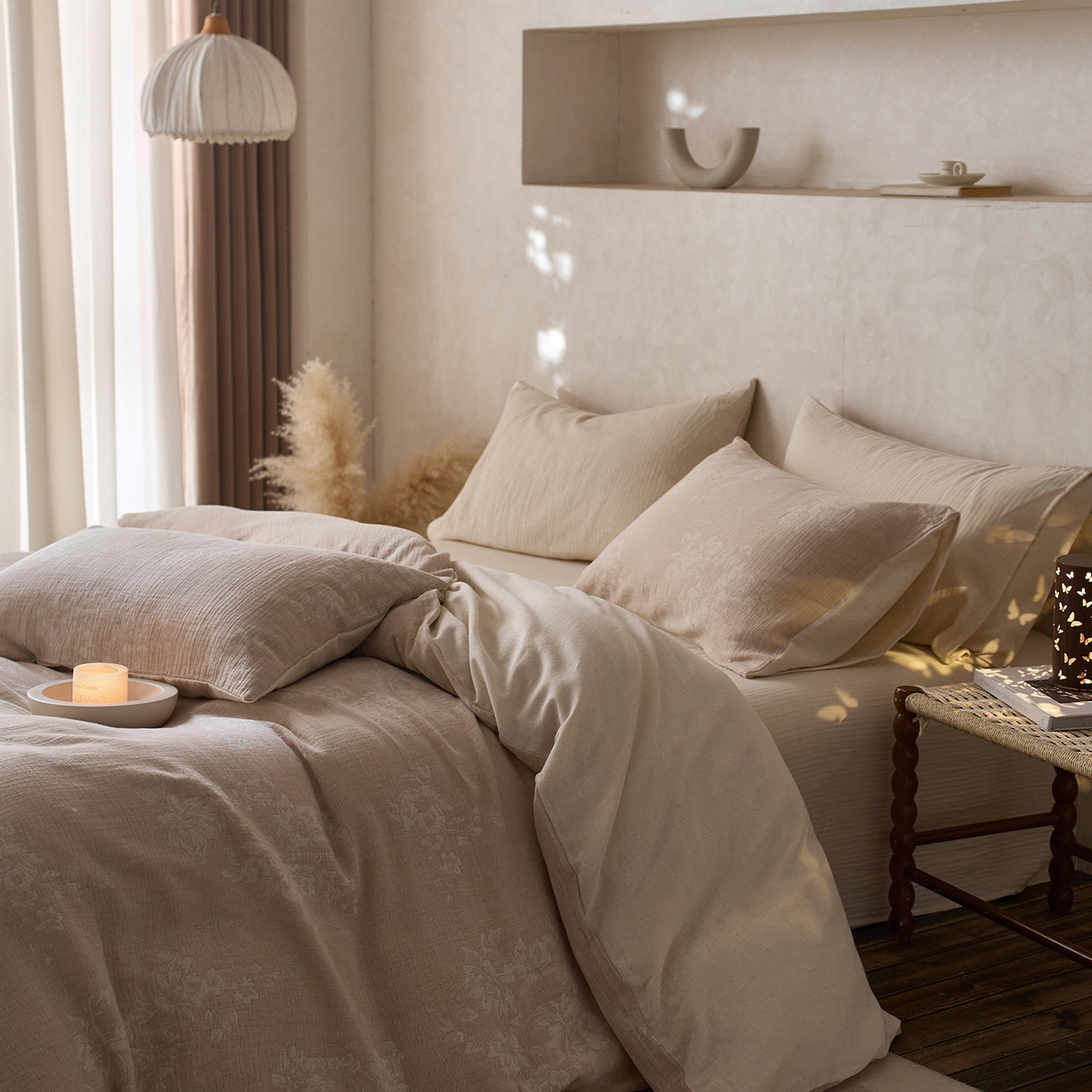 91家纺网 家纺一手货源 找家纺 （总）爱丽丝 2026新款色织提花棉麻双层纱四件套-缠枝