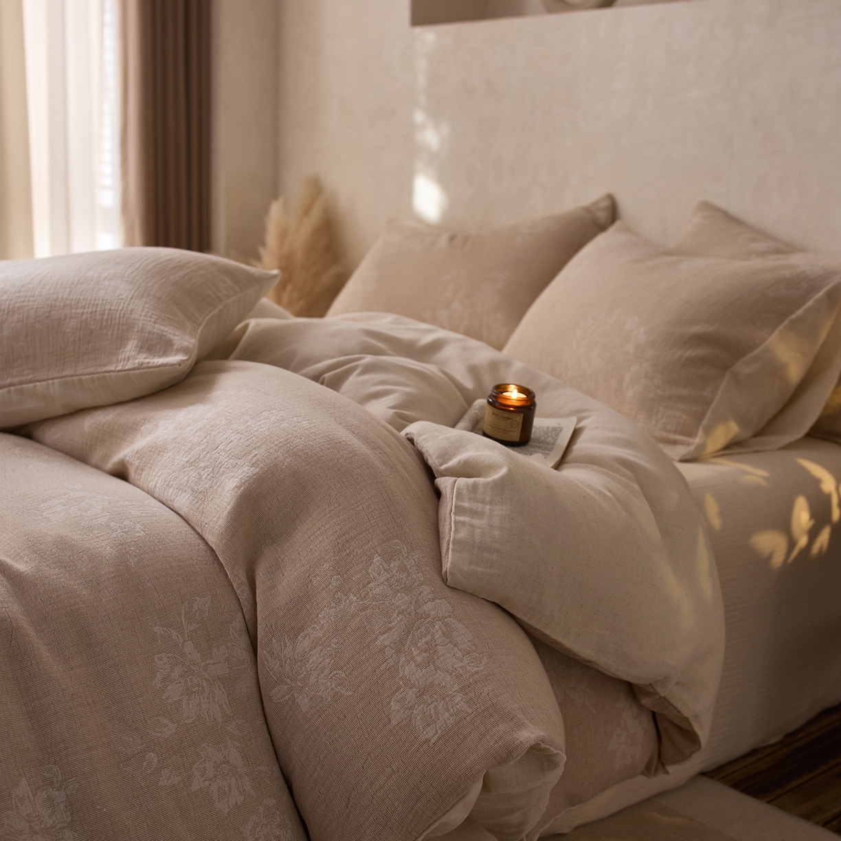 91家纺网 家纺一手货源 找家纺 （总）爱丽丝 2026新款色织提花棉麻双层纱四件套-缠枝