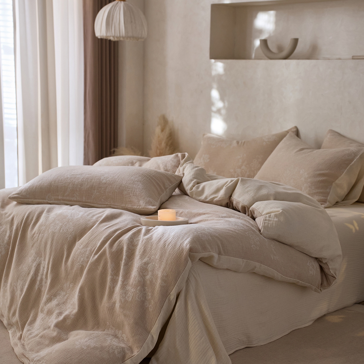 91家纺网 家纺一手货源 找家纺 （总）爱丽丝 2026新款色织提花棉麻双层纱四件套-缠枝