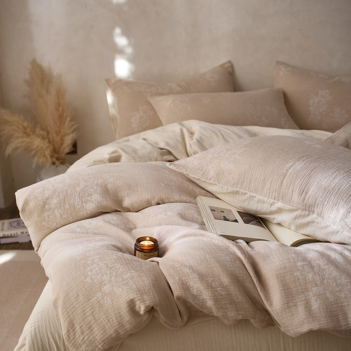 91家纺网 家纺一手货源 找家纺 （总）爱丽丝 2026新款色织提花棉麻双层纱四件套-缠枝