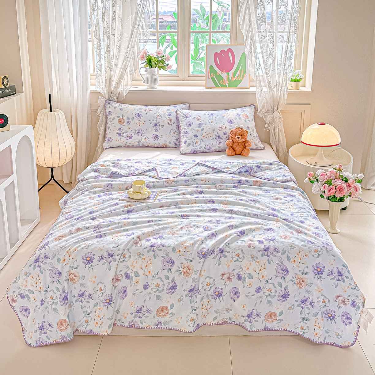 91家纺网 家纺一手货源 找家纺 圣尔雅家纺 2026新款印花夏被小碎花贝壳绣皱皱棉夏凉被空调被 漫之语