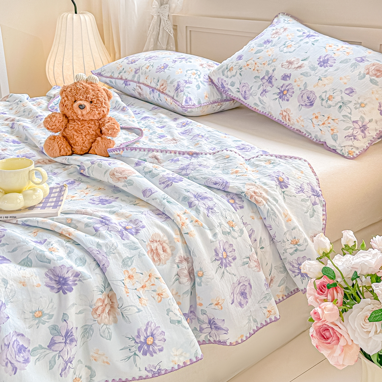 91家纺网 家纺一手货源 找家纺 圣尔雅家纺 2026新款印花夏被小碎花贝壳绣皱皱棉夏凉被空调被 漫之语