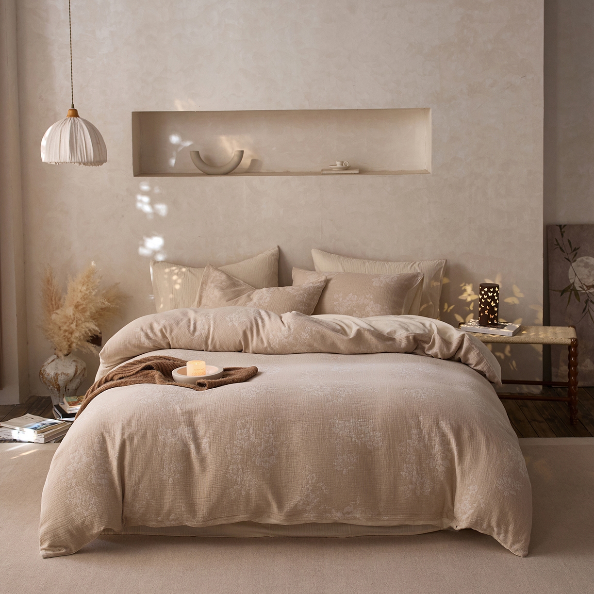 91家纺网 家纺一手货源 找家纺 （总）爱丽丝 2026新款色织提花棉麻双层纱四件套-缠枝