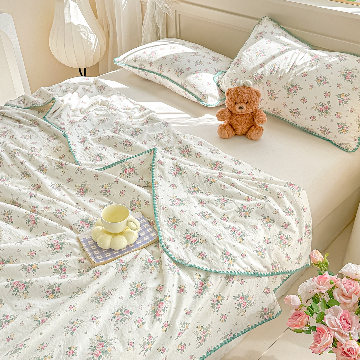 91家纺网 家纺一手货源 找家纺 圣尔雅家纺 2026新款印花夏被小碎花贝壳绣皱皱棉夏凉被空调被 有杏