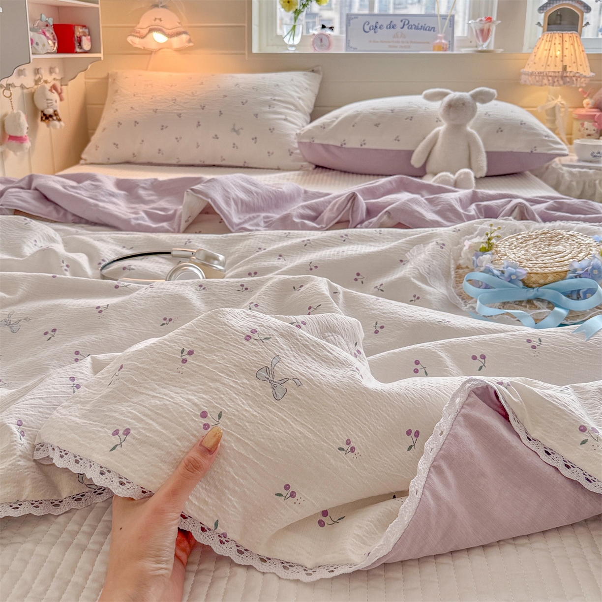 91家纺网 家纺一手货源 找家纺 名兮家居 2026新款亲肤A类皱皱纱夏被夏凉被空调被 紫樱桃