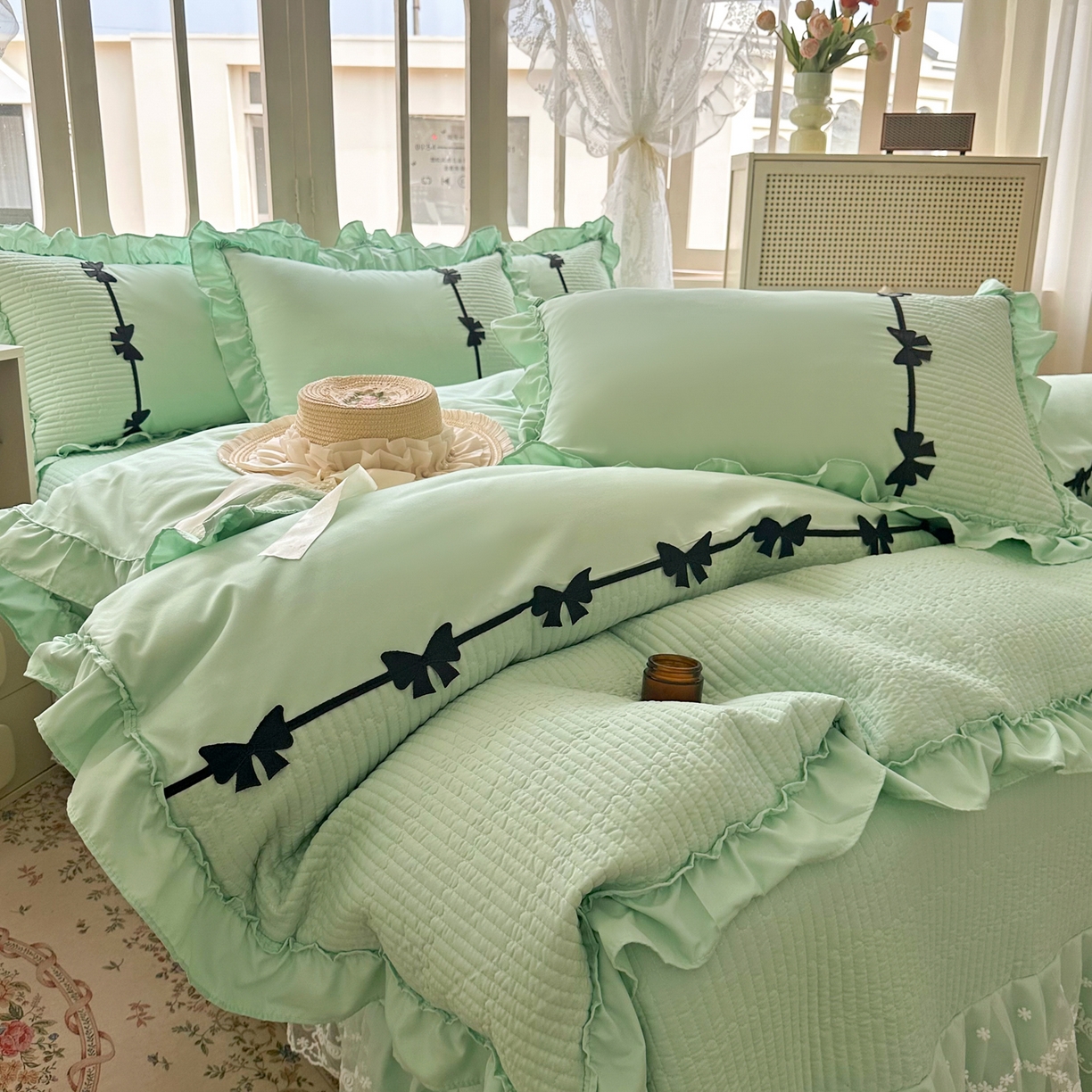 91家纺网 家纺一手货源 找家纺 芭比蔓家纺 2026新款床盖款四件套-真爱系列 床盖款真爱系列-绿色