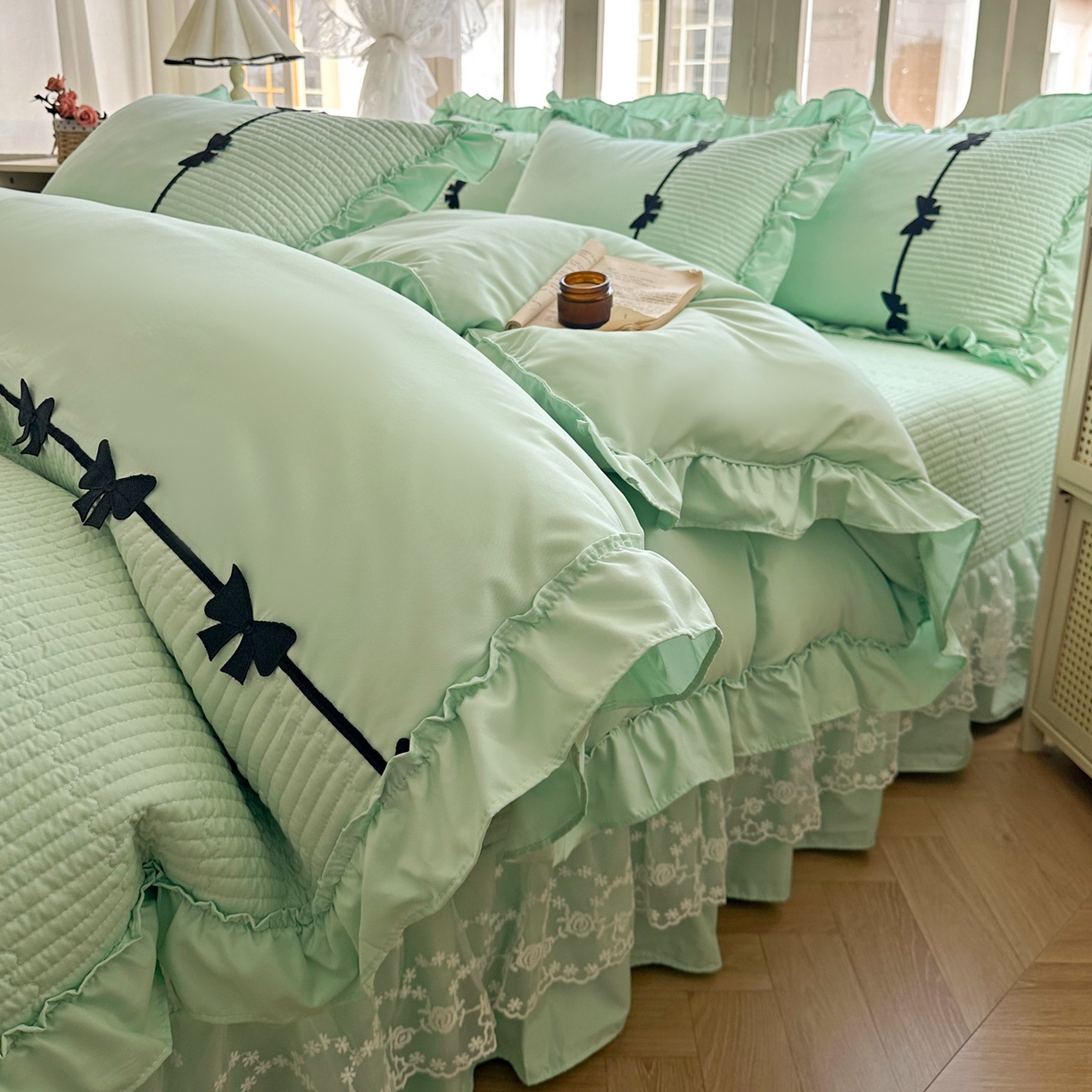 91家纺网 家纺一手货源 找家纺 芭比蔓家纺 2026新款床盖款四件套-真爱系列 床盖款真爱系列-绿色