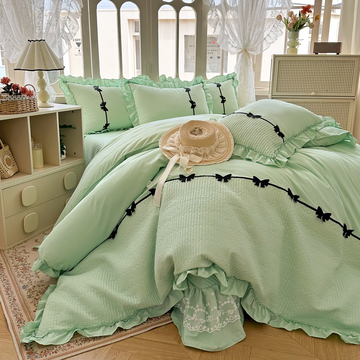 91家纺网 家纺一手货源 找家纺 芭比蔓家纺 2026新款床盖款四件套-真爱系列 床盖款真爱系列-绿色