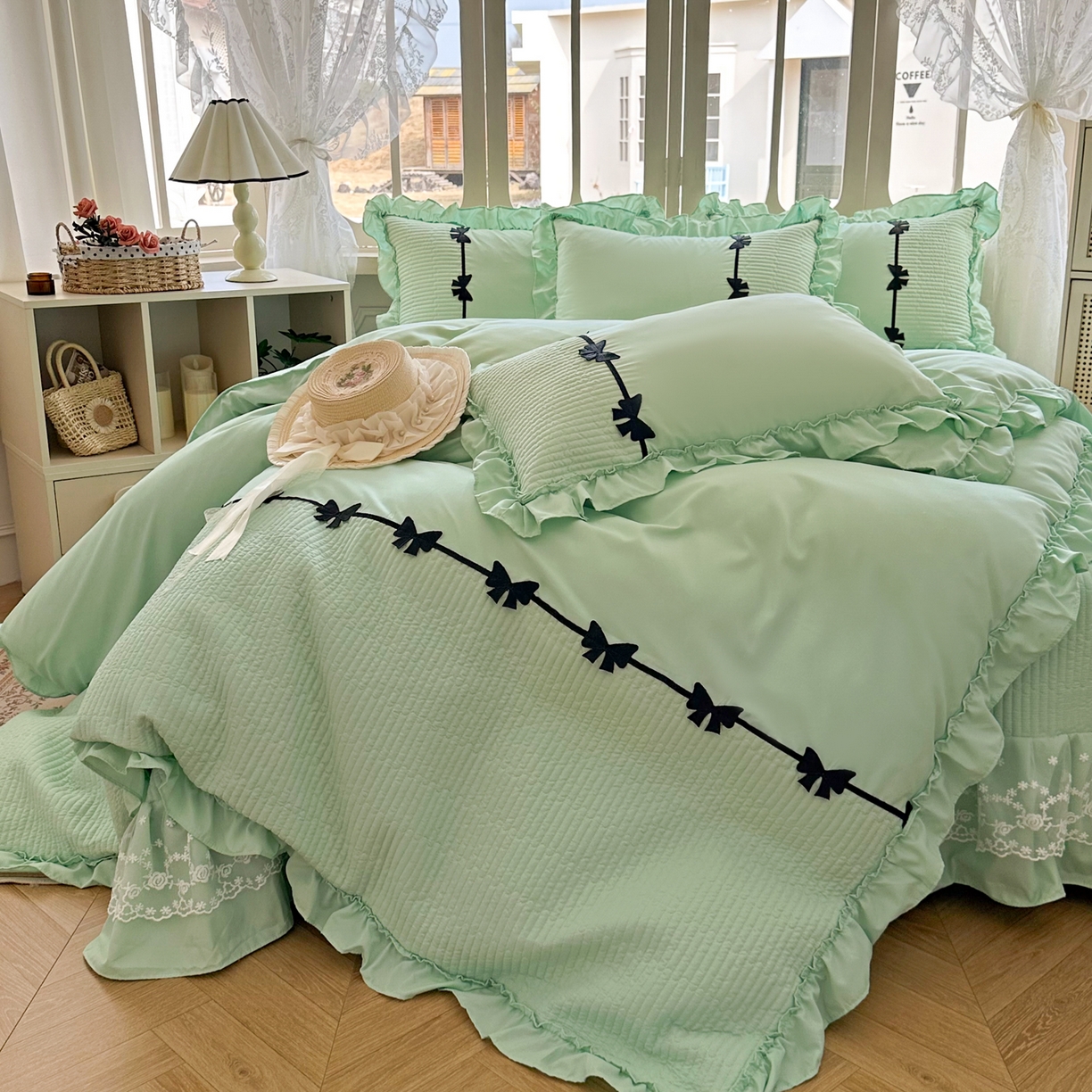 91家纺网 家纺一手货源 找家纺 芭比蔓家纺 2026新款床盖款四件套-真爱系列 床盖款真爱系列-绿色