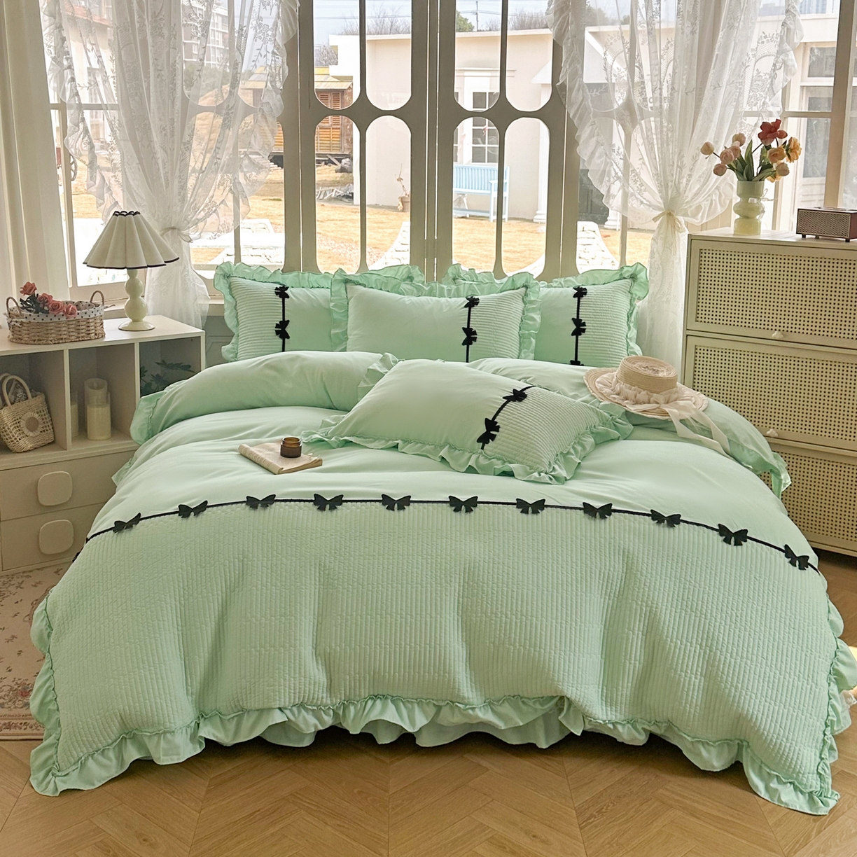 91家纺网 家纺一手货源 找家纺 芭比蔓家纺 2026新款床盖款四件套-真爱系列 床盖款真爱系列-绿色