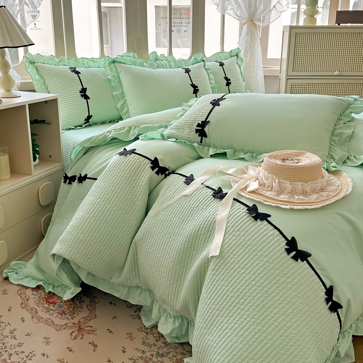 91家纺网 家纺一手货源 找家纺 芭比蔓家纺 2026新款床盖款四件套-真爱系列 床盖款真爱系列-绿色