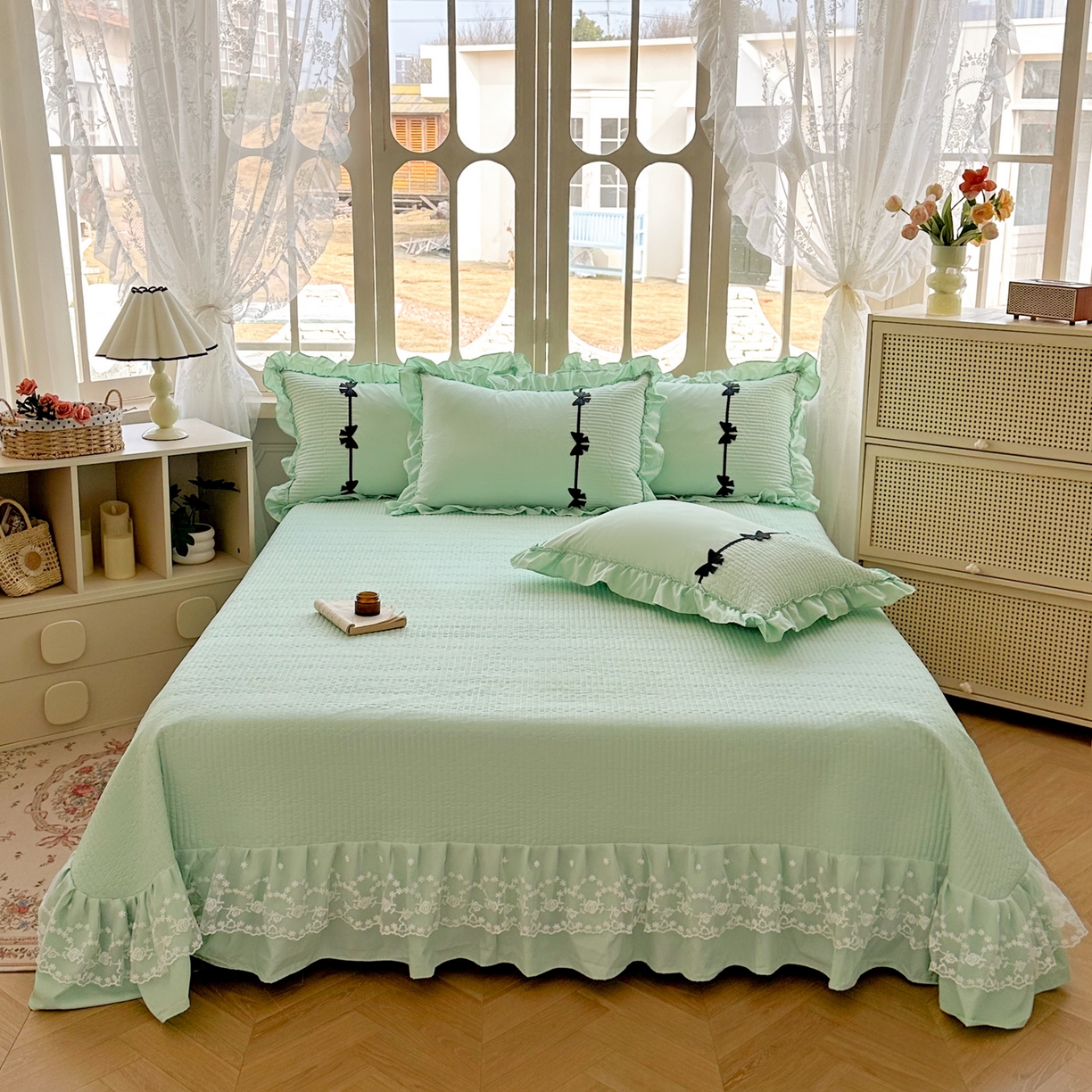 91家纺网 家纺一手货源 找家纺 芭比蔓家纺 2026新款床盖款四件套-真爱系列 床盖款真爱系列-绿色