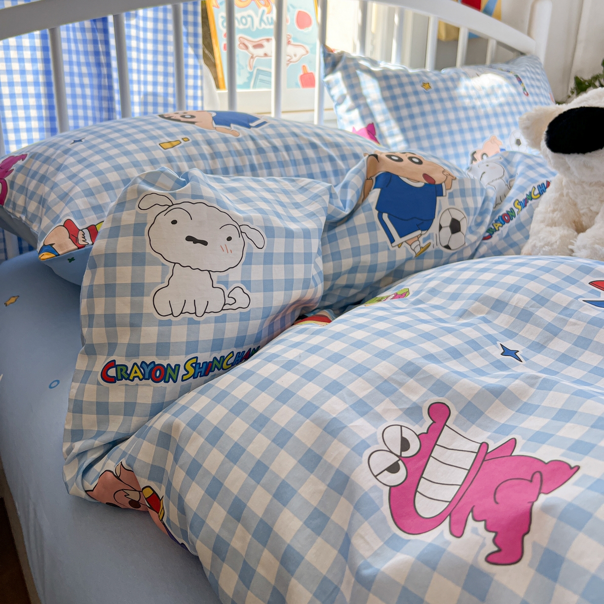 91家纺网 家纺一手货源 找家纺 桃子家居 2026春夏新款蜡笔小新授权全棉纯棉印花卡通系列四件套 棉印花-蓝格小新