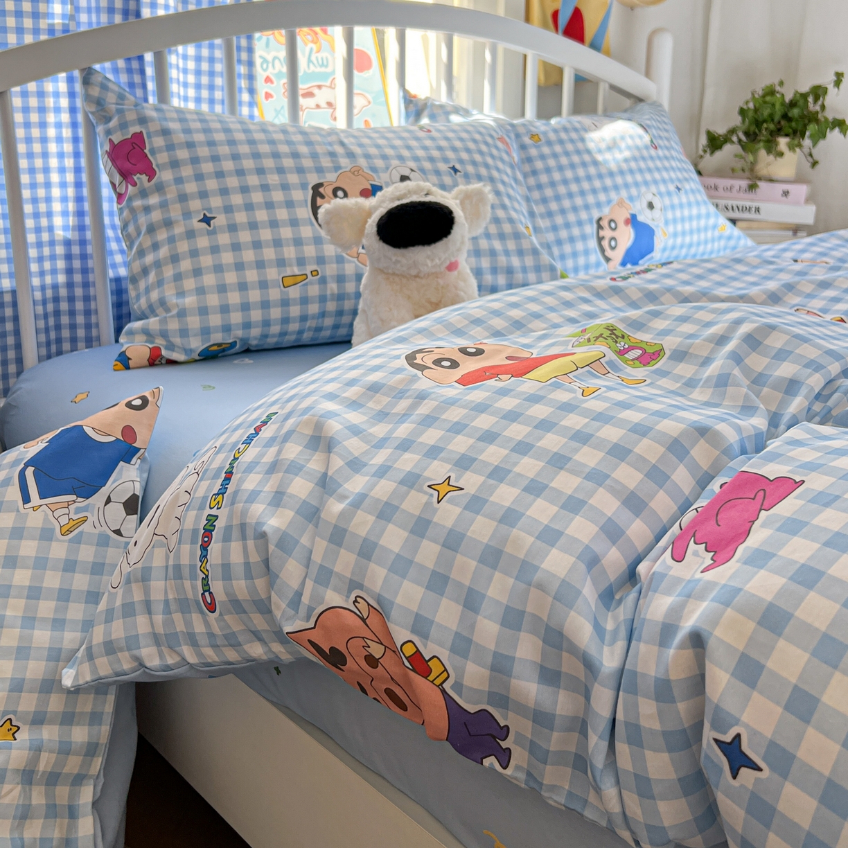 91家纺网 家纺一手货源 找家纺 桃子家居 2026春夏新款蜡笔小新授权全棉纯棉印花卡通系列四件套 棉印花-蓝格小新