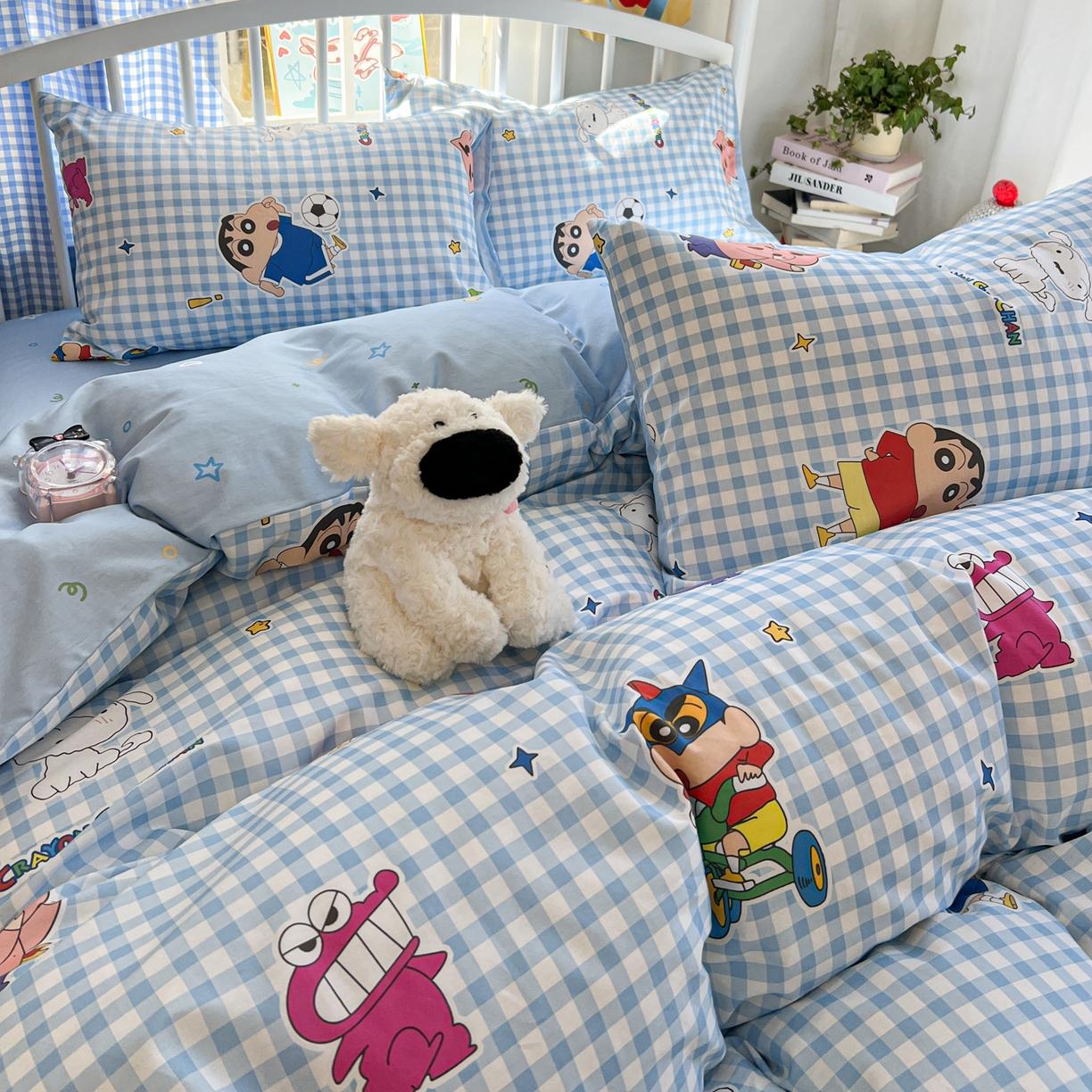 91家纺网 家纺一手货源 找家纺 桃子家居 2026春夏新款蜡笔小新授权全棉纯棉印花卡通系列四件套 棉印花-蓝格小新