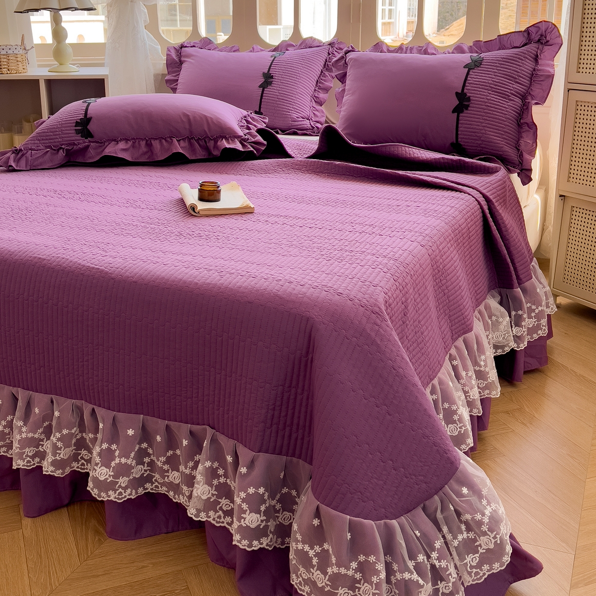 91家纺网 家纺一手货源 找家纺 芭比蔓家纺 2026新款床盖款四件套-真爱系列 床盖款真爱系列-紫色