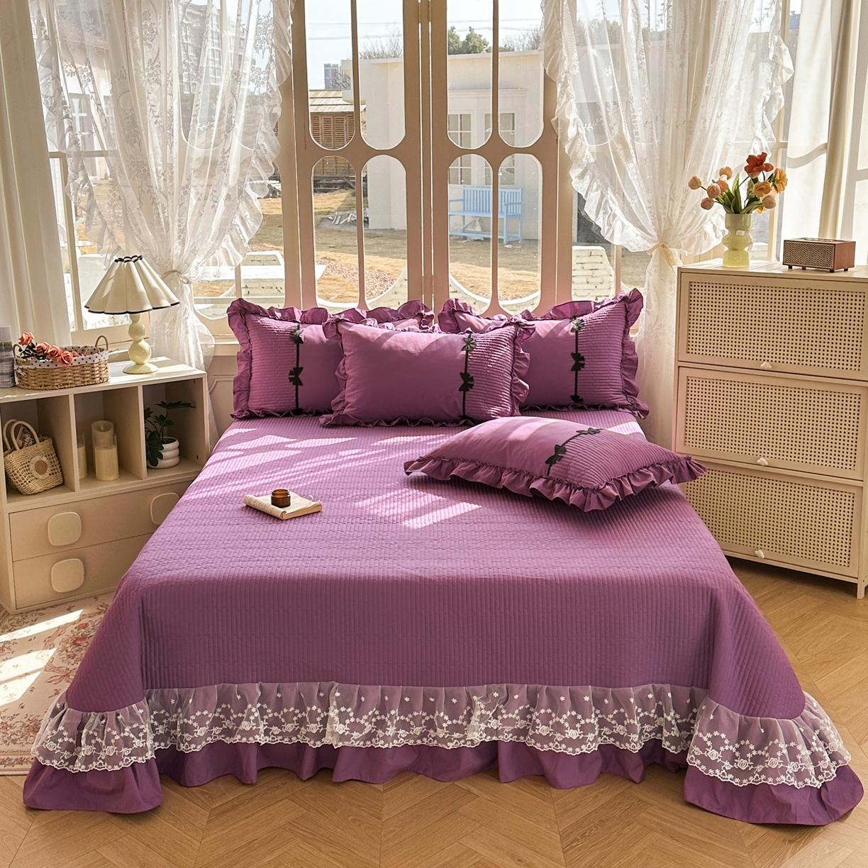 91家纺网 家纺一手货源 找家纺 芭比蔓家纺 2026新款床盖款四件套-真爱系列 床盖款真爱系列-紫色