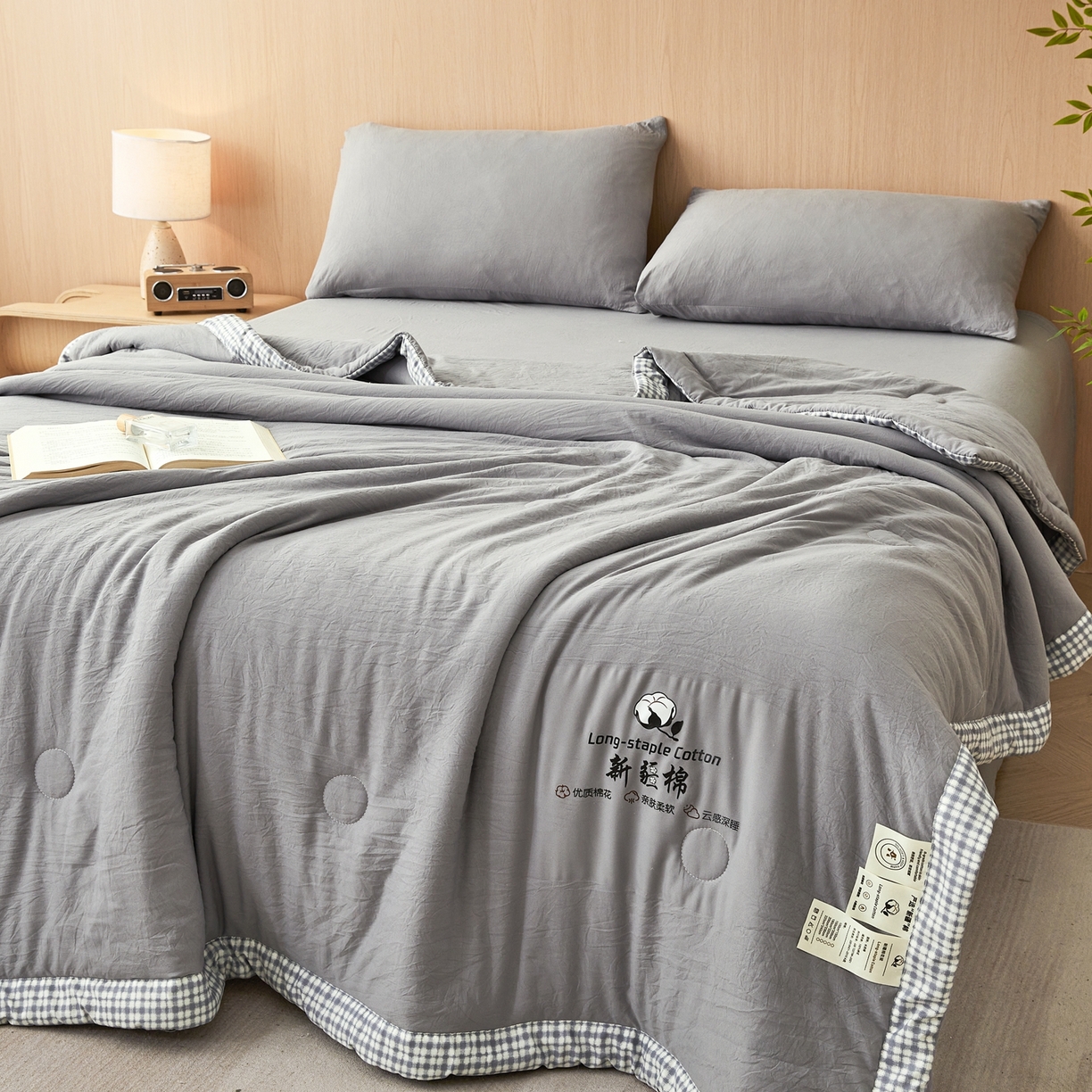 91家纺网 家纺一手货源 找家纺 鸣创 2026新款棉花夏被无印风100%新疆棉花夏凉被手包边空调被 新疆棉-灰色