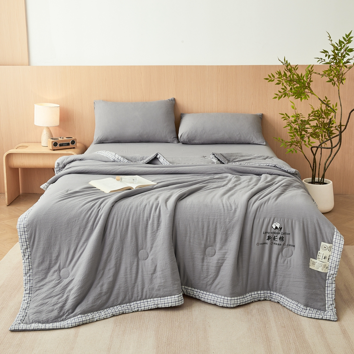 91家纺网 家纺一手货源 找家纺 鸣创 2026新款棉花夏被无印风100%新疆棉花夏凉被手包边空调被 新疆棉-灰色